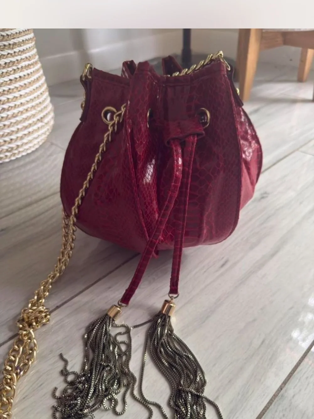 Cache Red Textured Drawstring Mini Bag with Gold Chain - Picture 6 of 8